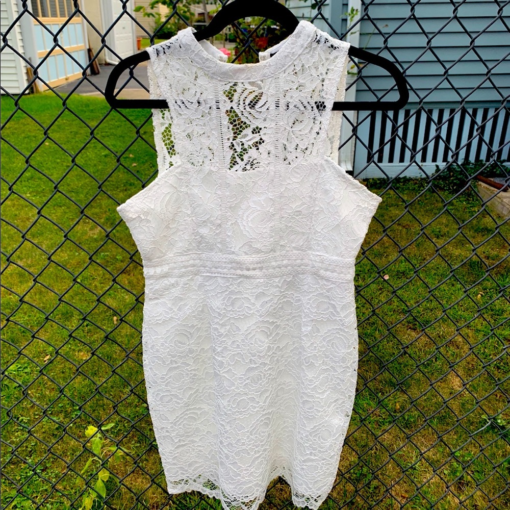 White Lace Racer Neck Bodycon Dress - size 4